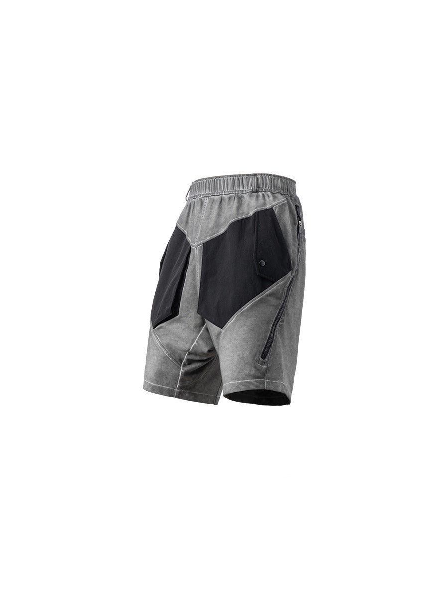 Washed Distressed Paneled Zipper Technical Shorts