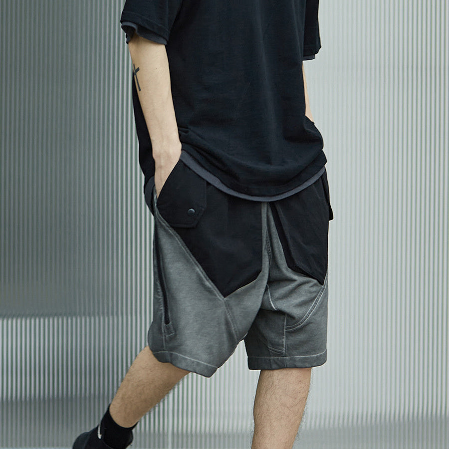 Washed Distressed Paneled Zipper Technical Shorts