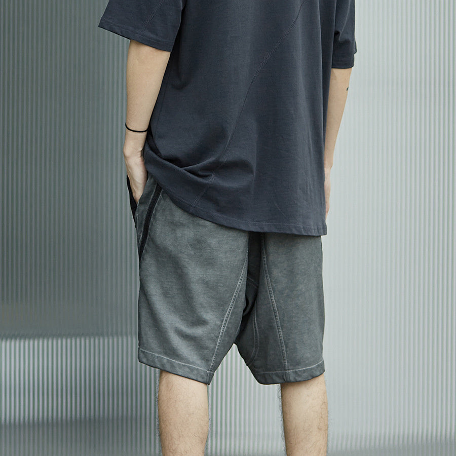 Washed Distressed Paneled Zipper Technical Shorts