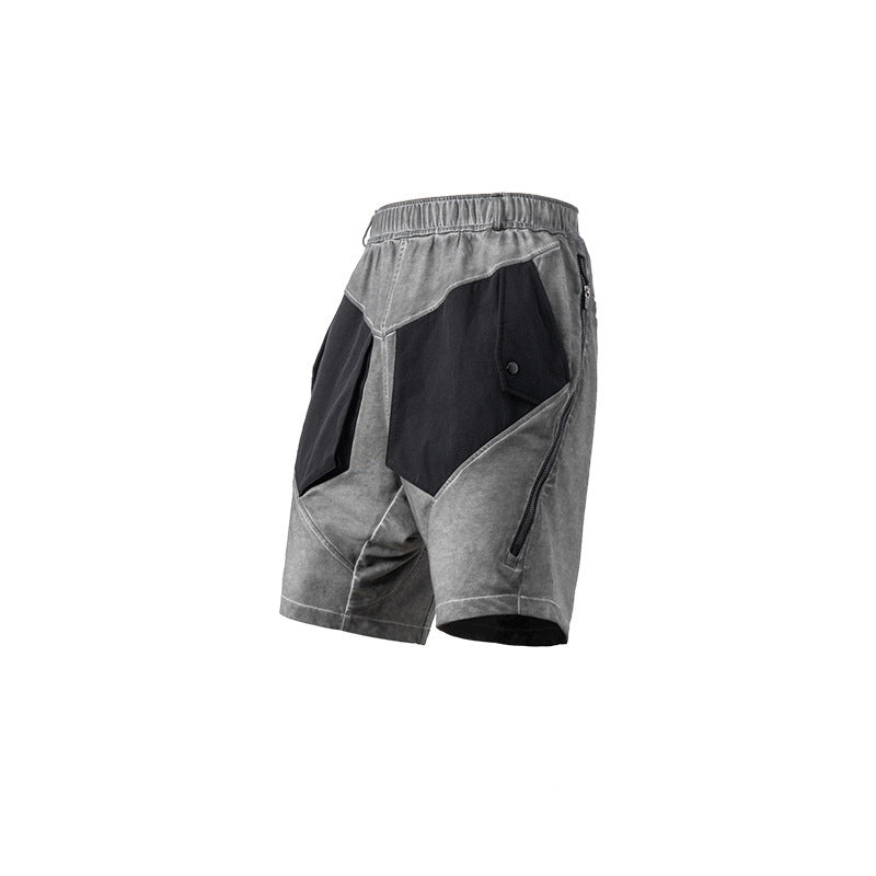 Washed Distressed Paneled Zipper Technical Shorts
